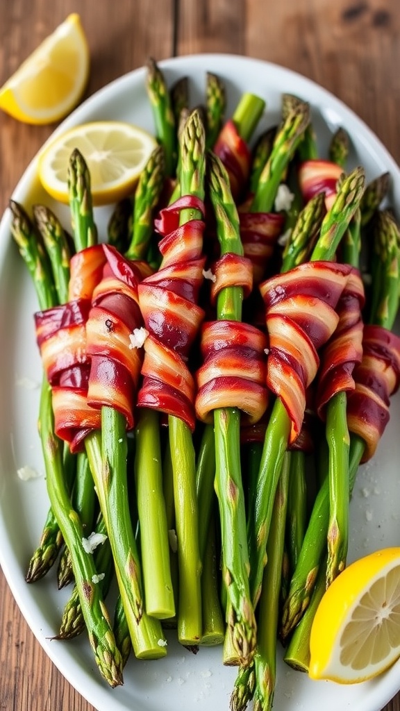 Crispy bacon-wrapped asparagus arranged on a platter, garnished with Parmesan and lemon.